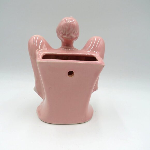 Vintage Wall Pocket Pink Ceramic Singing Angel Figurine 6" Planter Vase - Picture 3 of 10